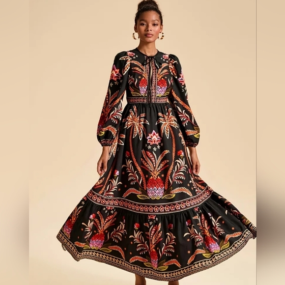Dresses & Skirts - Black Floral Maxi Dress with Long Sleeves
